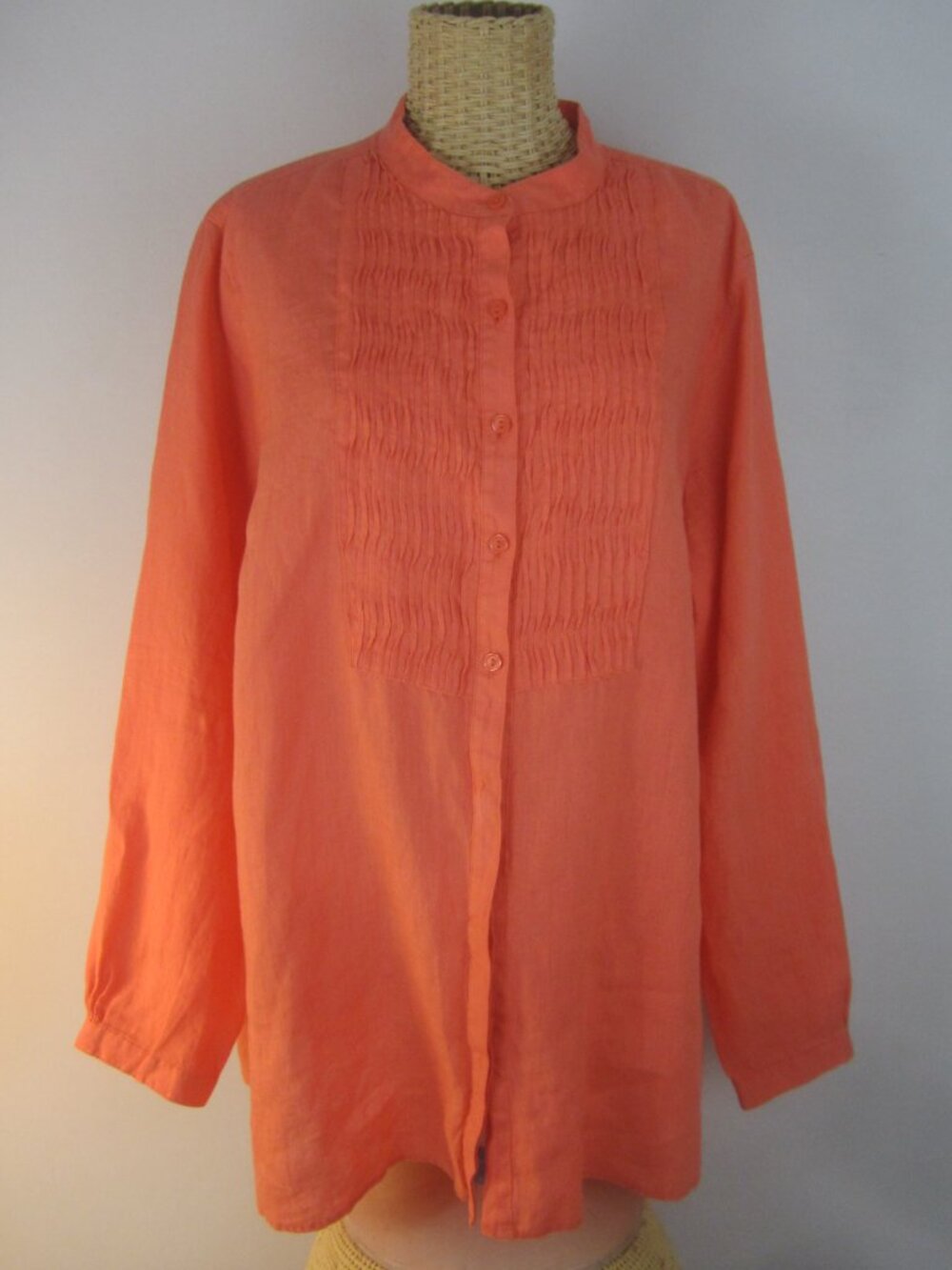 LL Bean Women Plus 1X Orange 100% Linen Pleated LS Button Tunic Shirt Relaxed 52